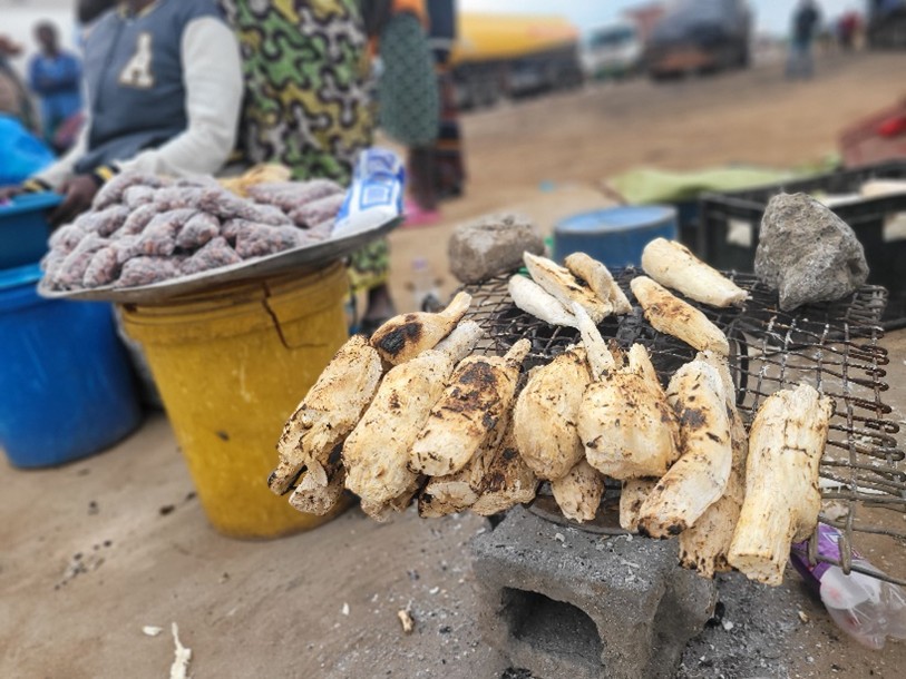 White tuberous vegetables charred on a grill.